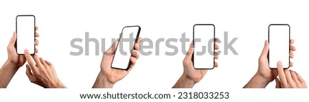 Hands holding mobile phone screen mockups, blank smartphone mock-ups set, isolated on white.
