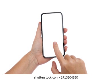 Hands Holding Modern Phone Mock Up With Empty Screen For Copy Space, Isolated On White Background