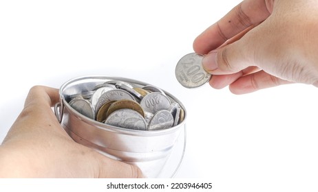 Hands Holding Money Bucket, Charity Donation, Saving, Family Finance Plan Concept