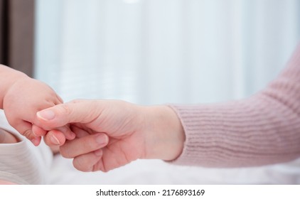 Hands Holding Of Mother Parent Soft Touch Newborn Baby Fingers Love Family Concept. Infant Child Portrait Happy Healthy.