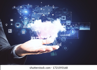 Hands Holding Online Networking Cloud Diagram. Cloud Computing And Communication Concept.