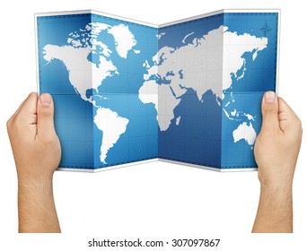 Hands Holding Open Folded World Paper Map Isolated 