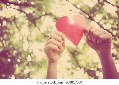 Hands holding paper heart. Instagram effect - Shutterstock ID 208817080