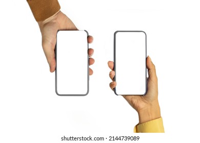 Hands holding the phone, a guy and a girl - Shutterstock ID 2144739089
