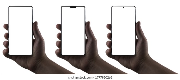 Hands holding phones. Silhouettes of male hands holding bezel-less smartphones on white background. Three types of phone screens, notchless, notch, hole punch