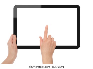 Hands holding and point on digital tablet. Include 3 clipping path for two hands and screen. Isolated on white.