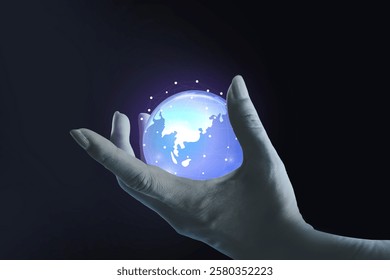 Hands holding purple circle global structure network connection and data exchanges on dark background