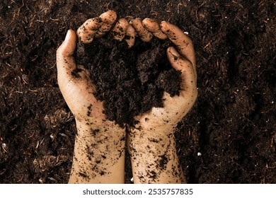 Hands Holding Rich Soil – A Symbol of Growth and Environmental Care, Perfect for Gardening and Agriculture Concepts, High-Quality Stock Photo with Space for Text - Powered by Shutterstock