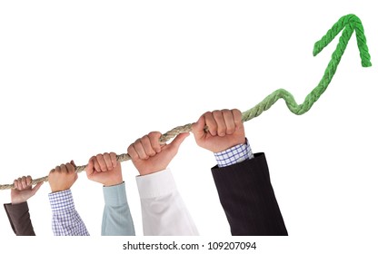 Hands holding rope, with green arrow, concept of growth