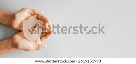 Hands holding shield with checkmark, work safety and protection, life insurance, approval verification concept
