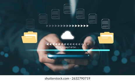 Hands holding smartphone with cloud file upload interface, symbolizing data transfer, cloud storage, file sharing, and digital technology.