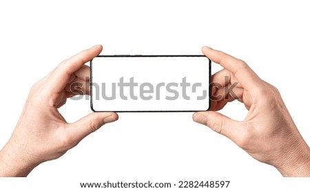Hands holding smartphone mock-up, horizontal smart phone screen mockup frame isolated on white.
