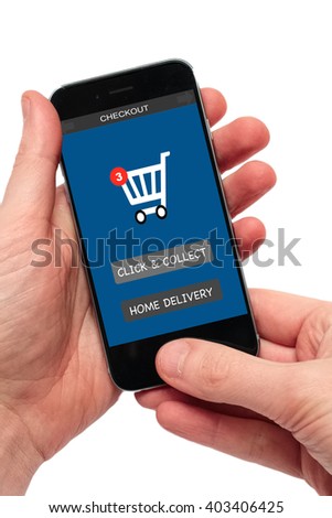 hands holding smartphone with signs click and collect or home delivery