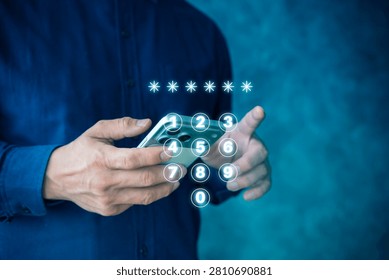 Hands holding a smartphone with a virtual passcode keypad, illustrating secure login, mobile authentication, privacy protection, digital access control, and account security.
