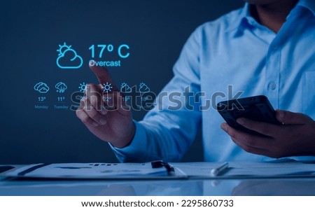 Hands holding smartphone with Weather forecast widget concept. cloudy, rainy and sunny day concept, touchscreen device with different seasons and daily temperature. Weather forecast for every day.