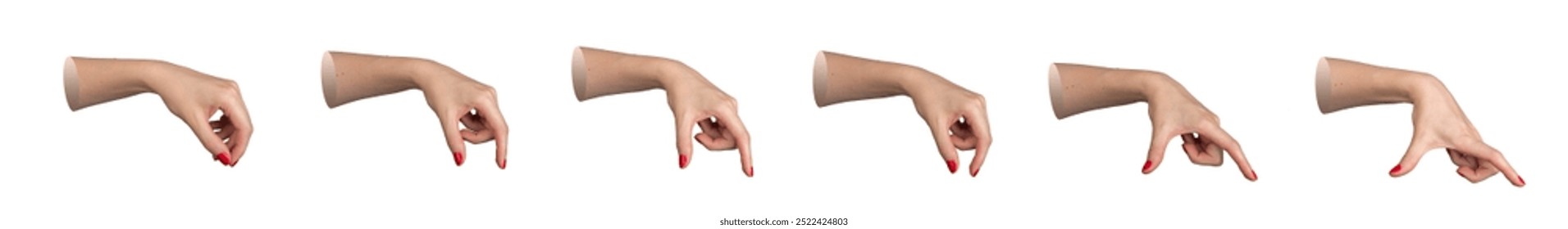 Hands holding something between two fingers, measuring gesture from big to small, isolated on white background, set.