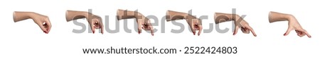 Hands holding something between two fingers, measuring gesture from big to small, isolated on white background, set.