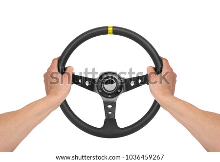Hands holding steering wheel isolated on white
