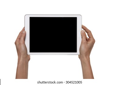 Hands Holding A Tablet With Black Screen