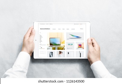 Hands Holding Tablet With Electronic Webstore Mock Up On Screen, Isolated. Phones Web Page Interface Mockup. Internet Website Online Template On The Device Display.