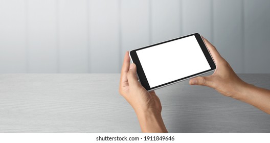 Hands Holding  Tablet Touch Computer Gadget With Isolated Screen