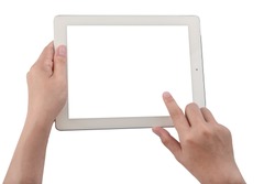 hands holding and touching on tablet pc isolated on white background, a Technology Photo by Issarawat Tattong