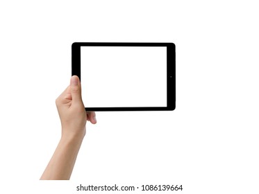 Hands Holding And Touching On Tablet Pc Isolated On White Background