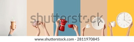 Hands holding various coffee drinks and clocks, different times of day and coffee rituals