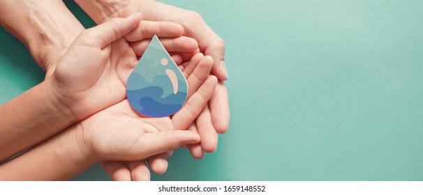 Hands Holding Water Drop,world Water Day,clean Water And Sanitation, Hand Sanitizer And Hygiene For Covid Pandemic, Vaccine,family Washing Hands, CSR, Save Water, Clean Renewable Energy Concept 