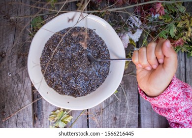 Hands Holds Soaked Chia Seeds In Bowl.