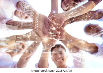 Hands, Hologram And Overlay On Team In Digital, 3d Or Animation For Success, Company Or Startup. Motivation, Group And Holographic With People, Together Or Smile For Tech, Finance Or Fintech Business