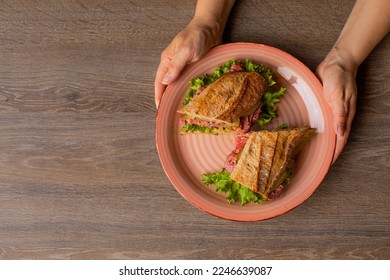 Hands of human hold plate of fresh appetizing sandwich isolated on table background, top view. Serving of sliced meat burger with greens, cheese and crisp crust. Breakfast food, beautiful serving. - Powered by Shutterstock