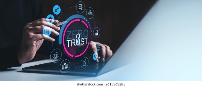 Hands interact with laptop showing Zero Trust cybersecurity concept, digital icons in creative style, light tech gradient background, data protection idea
