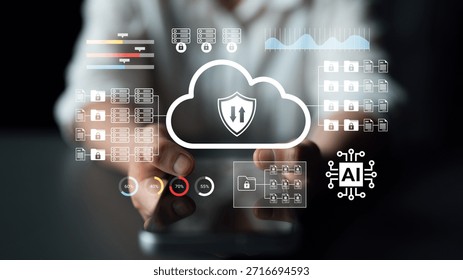 Hands interact with a visual representation of cloud computing security, showcasing metrics and AI graphics, symbolizing technology innovation and data protection themes. Gantry