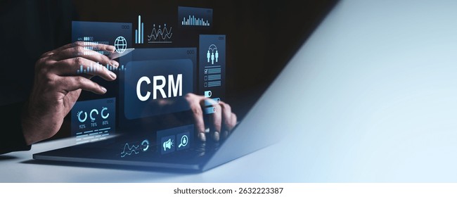 Hands interacting with CRM software interface displaying analytics and data charts in a modern digital graphic style on a gradient background, concept of customer relationship