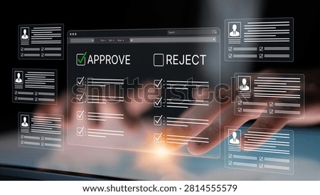 Hands Interacting with Digital Approval and Rejection System Displayed on Transparent Screen with User Profiles and Checkboxes