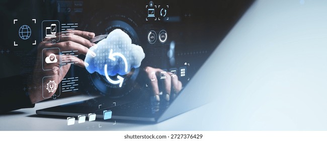 Hands interacting with digital cloud storage interface, futuristic style, on light blue background. Concept of global digital file sync and service