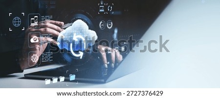 Hands interacting with digital cloud storage interface, futuristic style, on light blue background. Concept of global digital file sync and service