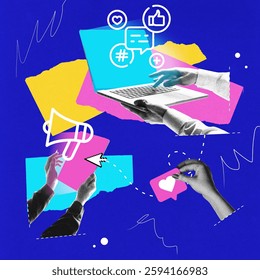 Hands interacting with digital elements, laptop, table, and social media icons against blue backdrop. Conceptual design. Influence marketing. Concept of digital marketing, social media. Noise effect - Powered by Shutterstock - Get 15% off with code: PIKWIZARD15