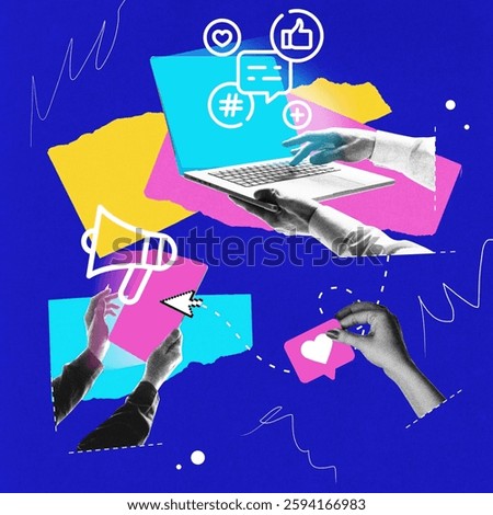 Hands interacting with digital elements, laptop, table, and social media icons against blue backdrop. Conceptual design. Influence marketing. Concept of digital marketing, social media. Noise effect