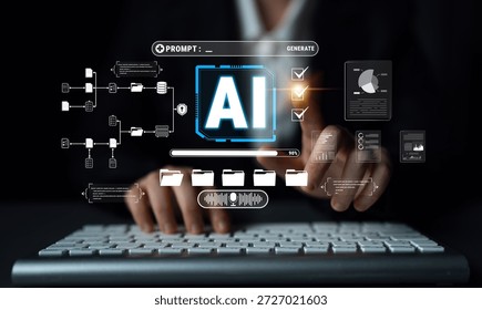 Hands Interacting with Digital Interface Displaying AI Features and Data Visualization Tools for Technology and Innovation in Business Processes Quark.