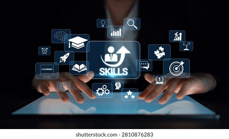 Hands Interacting with Digital Interface Showcasing Various Skills and Educational Symbols in a Modern Learning Environment Quark.