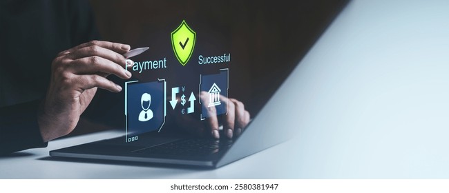 Hands interacting with a digital payment interface on transparent screen. Futuristic design on dark background. Concept of secure online transactions