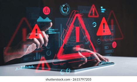 Hands interacting with digital warning icons and data charts on a futuristic touchscreen, creative background illustrating cybersecurity alert concept