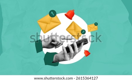Hands interacting with smartphone while yellow envelope icons and red alert bells float around on teal background, concept of communication and messaging