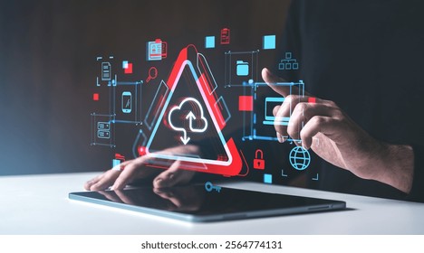 Hands interacting with a tablet and digital cloud storage icons on a dark background, concept of global digital file storage services