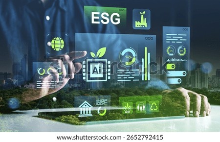 Hands interacting with transparent digital interface displaying ESG, AI, and eco-related data graphics over a city and forest background, symbolizing green tech concept