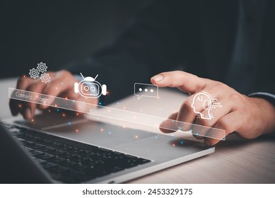 hands interface with virtual ai and chat icons. Chatbot conversation Artificial Intelligence technology online customer service.Digital chatbot Futuristic technology.Virtual assistant on internet.