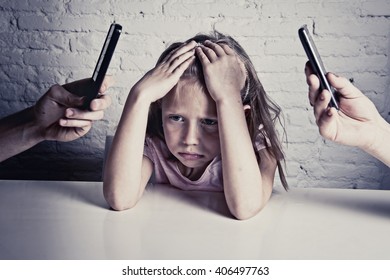 hands of internet and network addict mother and father using mobile phone neglecting little sad ignored daughter bored and lonely feeling abandoned and disappointed in parents bad behavior concept