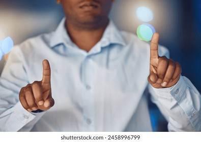 Hands, invisible screen and business man in office for user interface, hologram and mockup space for ux. Professional, corporate and person with fingers for research, online website and future - Powered by Shutterstock